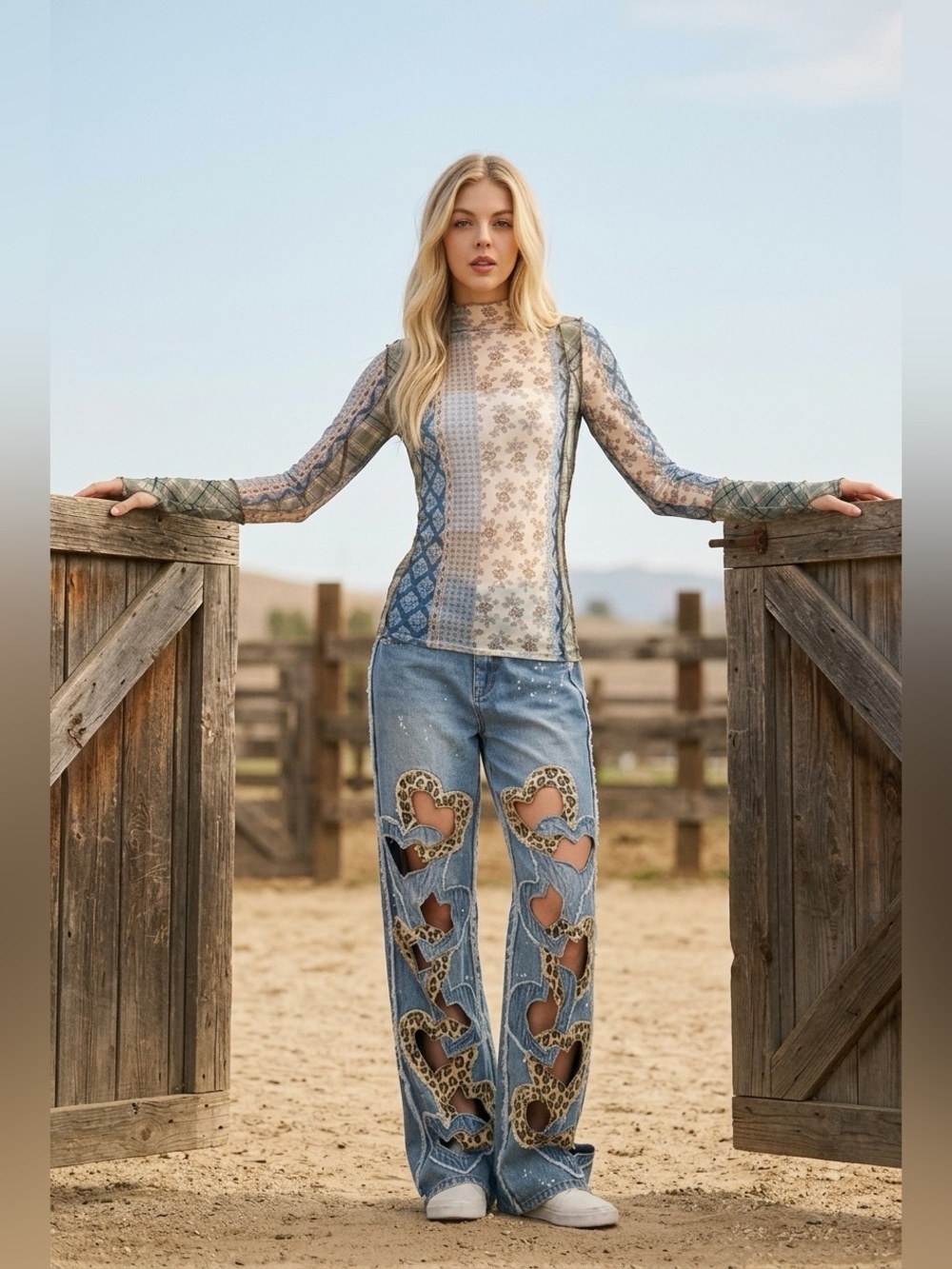 Oli & Hali ❤️NWT Wash Faded Heart Cutout Leopard Print Denim Frayed Seam Jeans❣️
